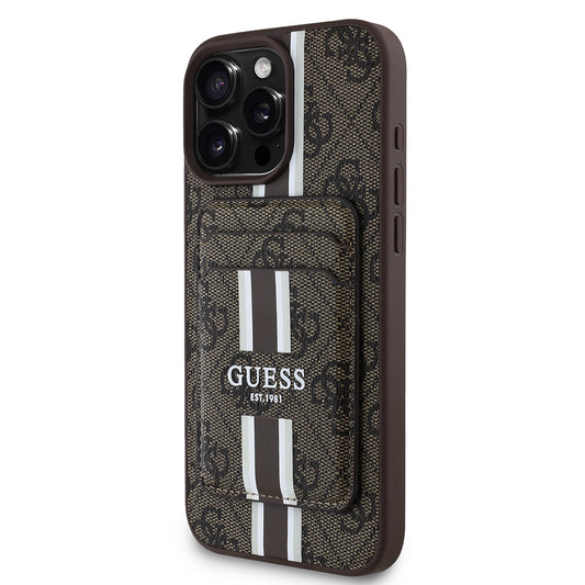 Apple iPhone 16 Pro Max Kılıf Guess Orjinal Lisanslı M-safe Şarj Özellikli 4G Desenli Çizgili Kartlıklı Kapak Siyah