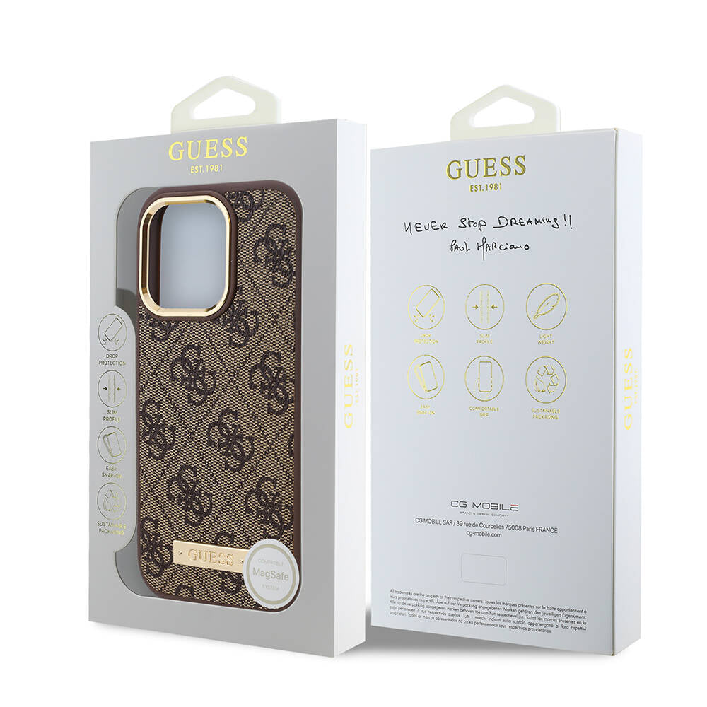 Apple iPhone 16 Pro Max Kılıf Guess Orjinal Lisanslı M-safe Şarj Özellikli 4G Desenli PU Metal Plaka Klasik Logolu Kapak Pembe