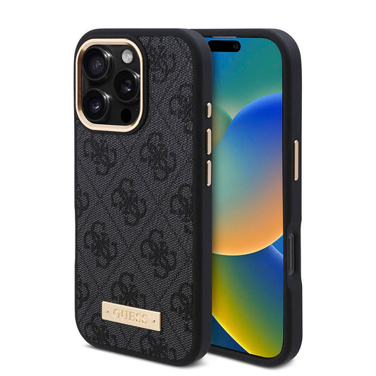Apple iPhone 16 Pro Max Kılıf Guess Orjinal Lisanslı M-safe Şarj Özellikli 4G Desenli PU Metal Plaka Klasik Logolu Kapak Siyah