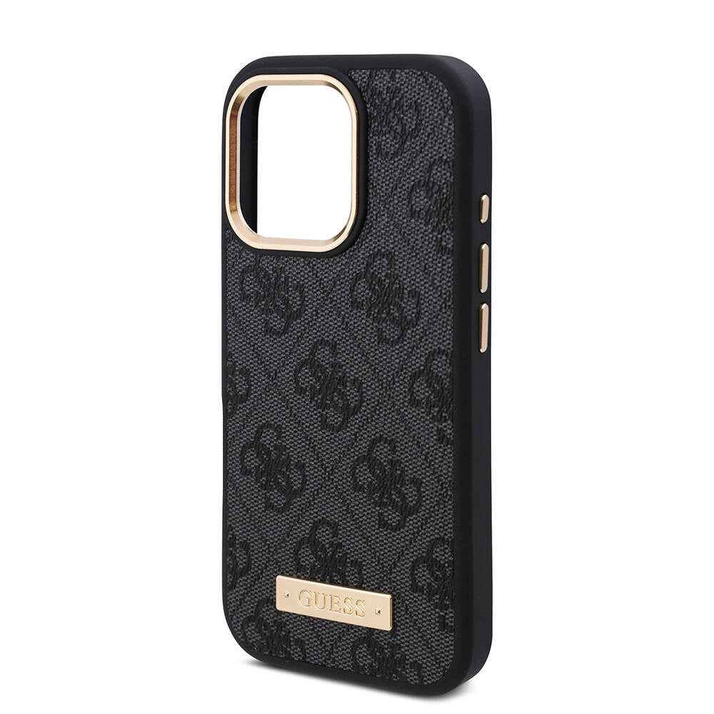 Apple iPhone 16 Pro Max Kılıf Guess Orjinal Lisanslı M-safe Şarj Özellikli 4G Desenli PU Metal Plaka Klasik Logolu Kapak Kahverengi