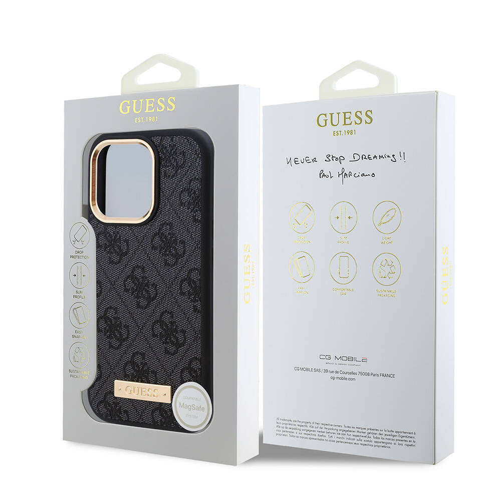 Apple iPhone 16 Pro Max Kılıf Guess Orjinal Lisanslı M-safe Şarj Özellikli 4G Desenli PU Metal Plaka Klasik Logolu Kapak Pembe