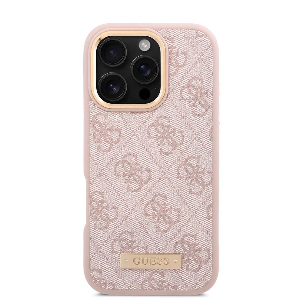 Apple iPhone 16 Pro Max Kılıf Guess Orjinal Lisanslı M-safe Şarj Özellikli 4G Desenli PU Metal Plaka Klasik Logolu Kapak Kahverengi