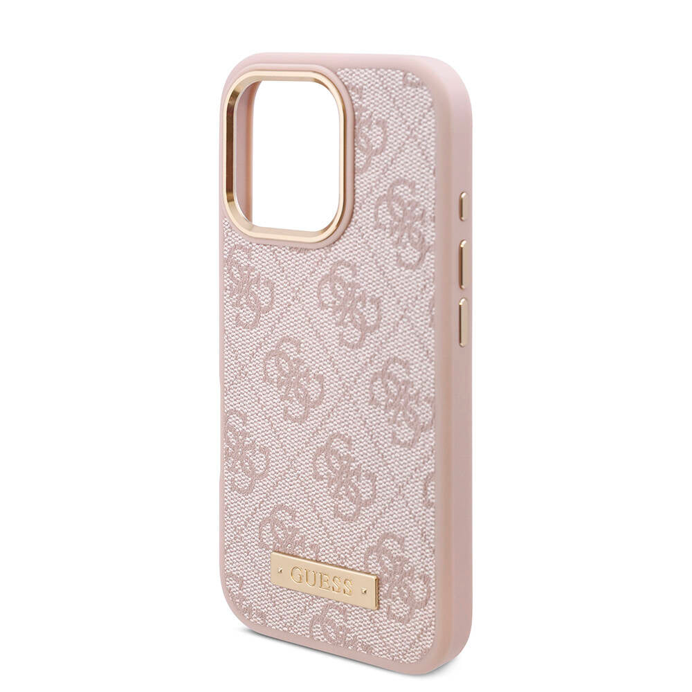 Apple iPhone 16 Pro Max Kılıf Guess Orjinal Lisanslı M-safe Şarj Özellikli 4G Desenli PU Metal Plaka Klasik Logolu Kapak Pembe