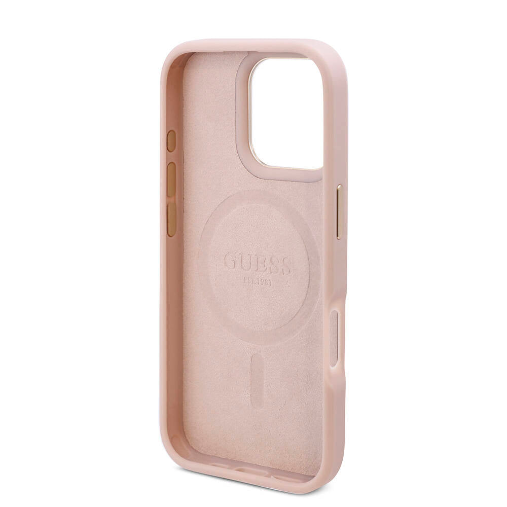 Apple iPhone 16 Pro Max Kılıf Guess Orjinal Lisanslı M-safe Şarj Özellikli 4G Desenli PU Metal Plaka Klasik Logolu Kapak Pembe