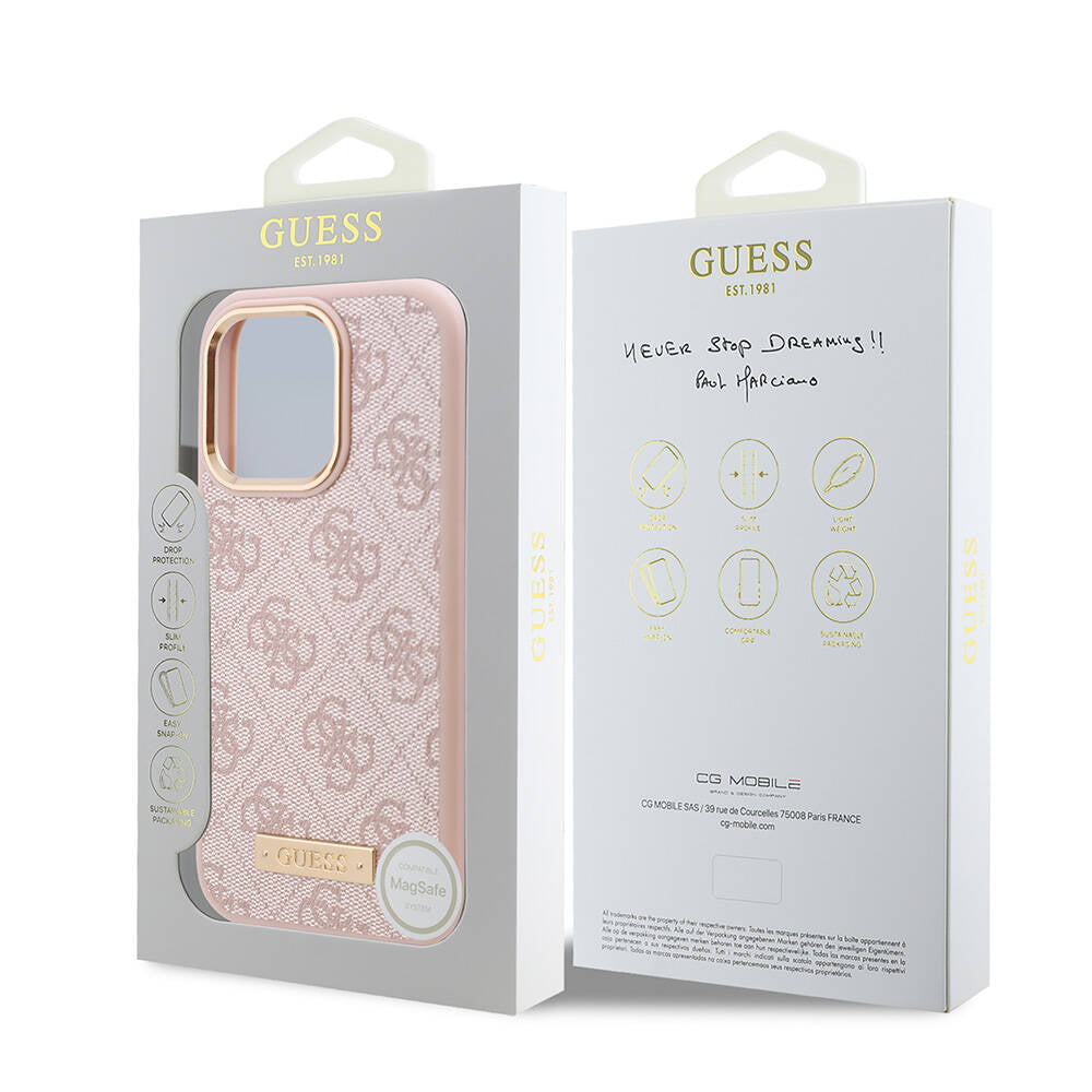 Apple iPhone 16 Pro Max Kılıf Guess Orjinal Lisanslı M-safe Şarj Özellikli 4G Desenli PU Metal Plaka Klasik Logolu Kapak Pembe