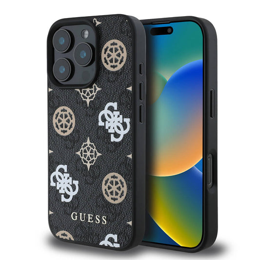 Apple iPhone 16 Pro Max Kılıf Guess Orjinal Lisanslı M-safe Şarj Özellikli 4G Desenli Yazı Logolu Peony Kapak Siyah