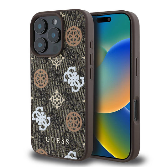 Apple iPhone 16 Pro Max Kılıf Guess Orjinal Lisanslı M-safe Şarj Özellikli 4G Desenli Yazı Logolu Peony Kapak Kahverengi