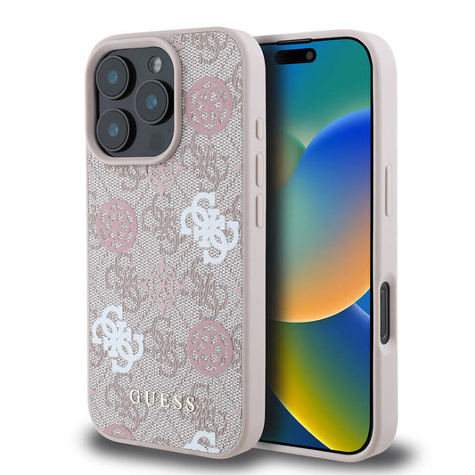 Apple iPhone 16 Pro Max Kılıf Guess Orjinal Lisanslı M-safe Şarj Özellikli 4G Desenli Yazı Logolu Peony Kapak Pembe