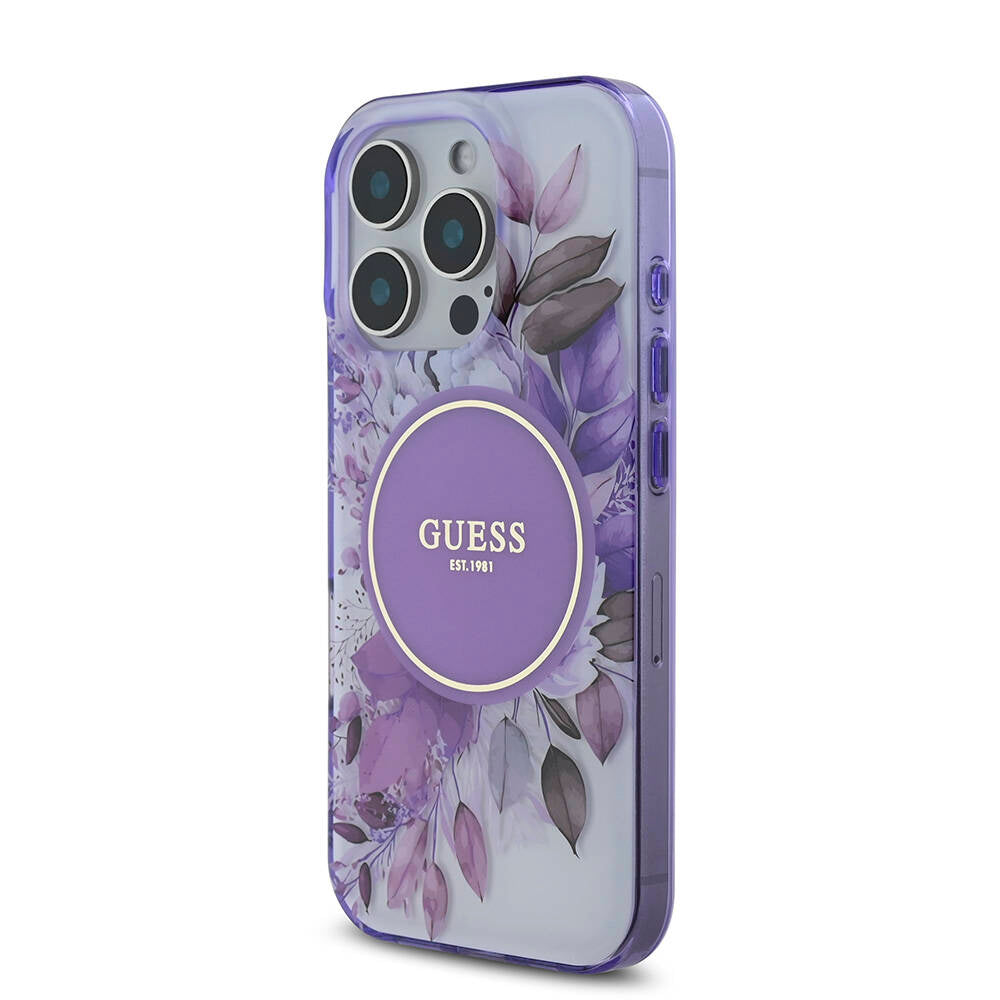 Apple iPhone 16 Pro Max Kılıf Guess Orjinal Lisanslı M-safe Şarj Özellikli Flower Tonal Circle Kapak Mor
