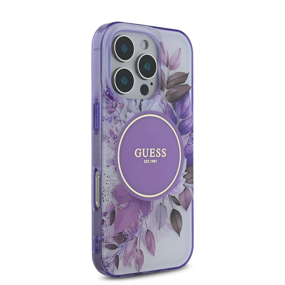 Apple iPhone 16 Pro Max Kılıf Guess Orjinal Lisanslı M-safe Şarj Özellikli Flower Tonal Circle Kapak Mor