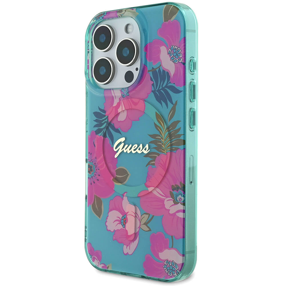 Apple iPhone 16 Pro Max Kılıf Guess Orjinal Lisanslı M-safe Şarj Özellikli Flower Tone On Tone Ring Kapak Pembe