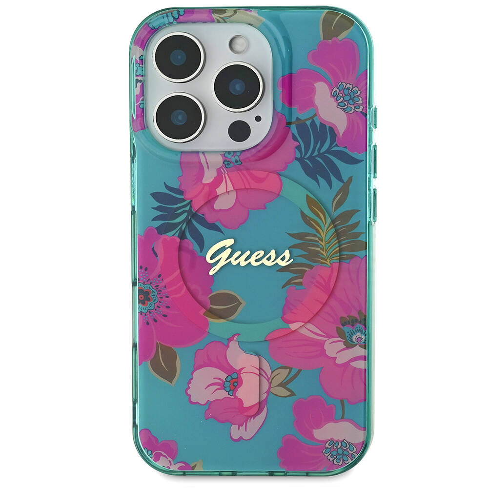 Apple iPhone 16 Pro Max Kılıf Guess Orjinal Lisanslı M-safe Şarj Özellikli Flower Tone On Tone Ring Kapak Pembe