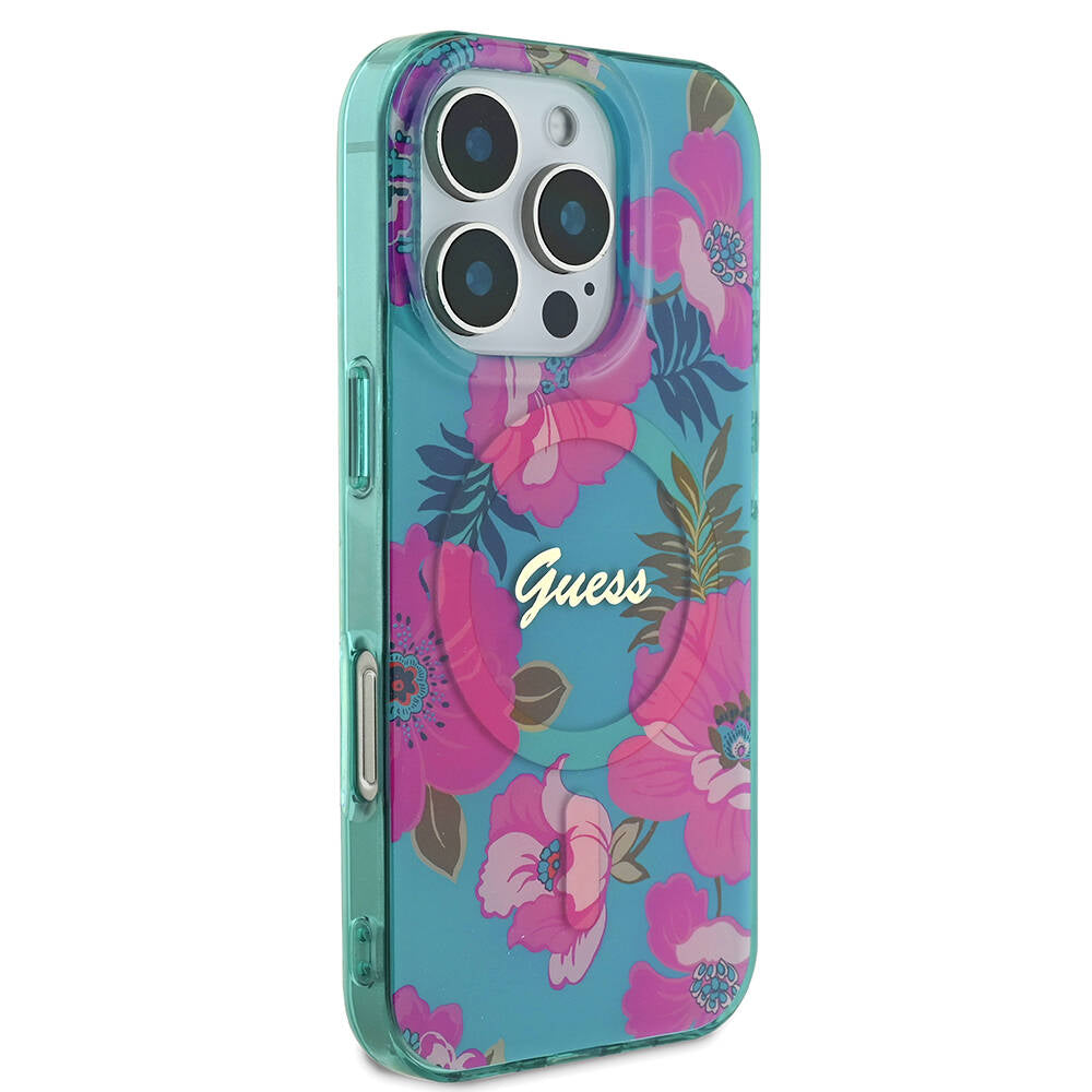 Apple iPhone 16 Pro Max Kılıf Guess Orjinal Lisanslı M-safe Şarj Özellikli Flower Tone On Tone Ring Kapak Pembe