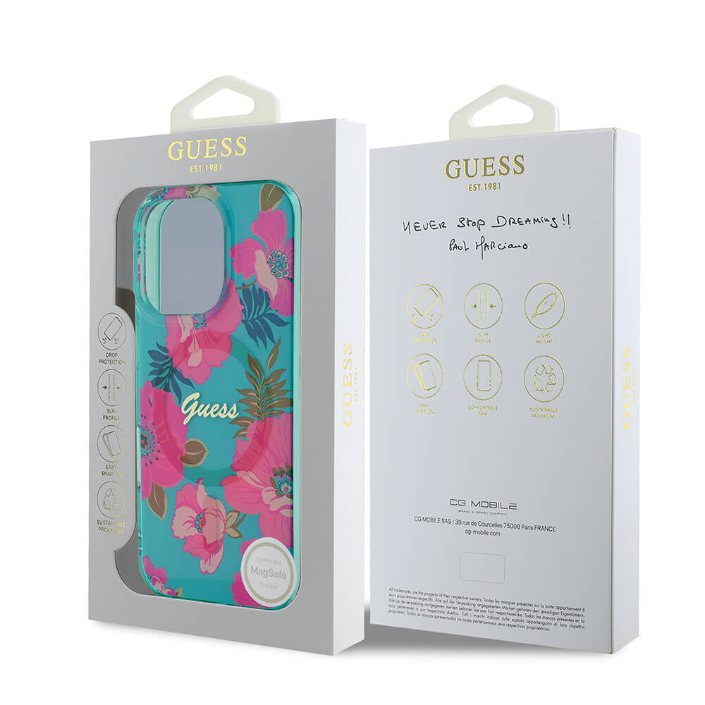 Apple iPhone 16 Pro Max Kılıf Guess Orjinal Lisanslı M-safe Şarj Özellikli Flower Tone On Tone Ring Kapak Pembe