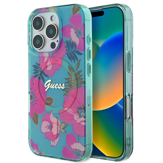 Apple iPhone 16 Pro Max Kılıf Guess Orjinal Lisanslı M-safe Şarj Özellikli Flower Tone On Tone Ring Kapak Pembe