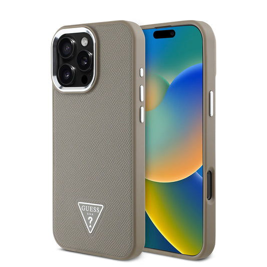 Apple iPhone 16 Pro Max Kılıf Guess Orjinal Lisanslı M-safe Şarj Özellikli Grained Triangle Kapak Kahverengi