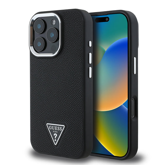 Apple iPhone 16 Pro Max Kılıf Guess Orjinal Lisanslı M-safe Şarj Özellikli Grained Triangle Kapak Siyah