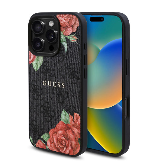 Apple iPhone 16 Pro Max Kılıf Guess Orjinal Lisanslı M-safe Şarj Özellikli Gül Baskılı 4G Desenli Yazı Logolu Kapak Siyah