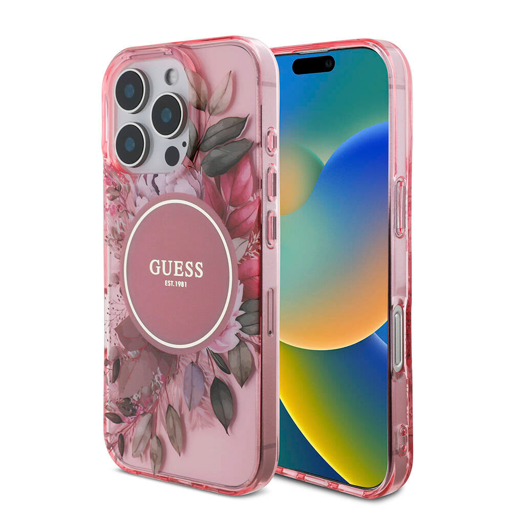 Apple iPhone 16 Pro Max Kılıf Guess Orjinal Lisanslı M-safe Şarj Özellikli IML Baskılı Çiçek İnci Bileklikli Kapak Yeşil