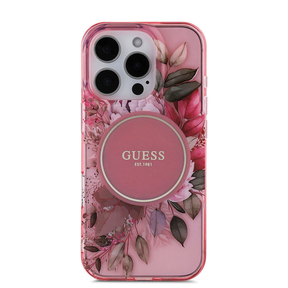 Apple iPhone 16 Pro Max Kılıf Guess Orjinal Lisanslı M-safe Şarj Özellikli IML Baskılı Çiçek İnci Bileklikli Kapak Yeşil