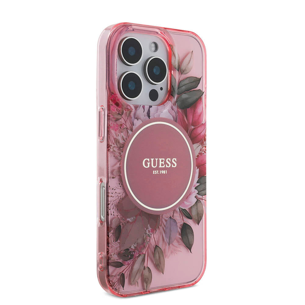 Apple iPhone 16 Pro Max Kılıf Guess Orjinal Lisanslı M-safe Şarj Özellikli IML Baskılı Çiçek İnci Bileklikli Kapak Yeşil
