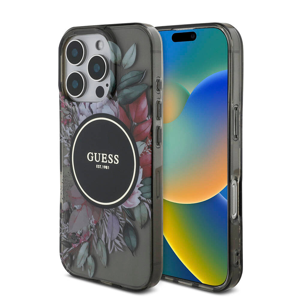 Apple iPhone 16 Pro Max Kılıf Guess Orjinal Lisanslı M-safe Şarj Özellikli IML Baskılı Çiçek İnci Bileklikli Kapak Yeşil