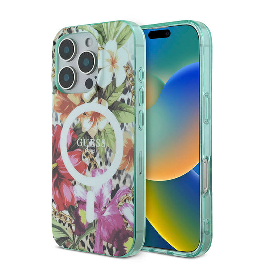 Apple iPhone 16 Pro Max Kılıf Guess Orjinal Lisanslı M-safe Şarj Özellikli IML Baskılı Jungle Ring Kapak Mor