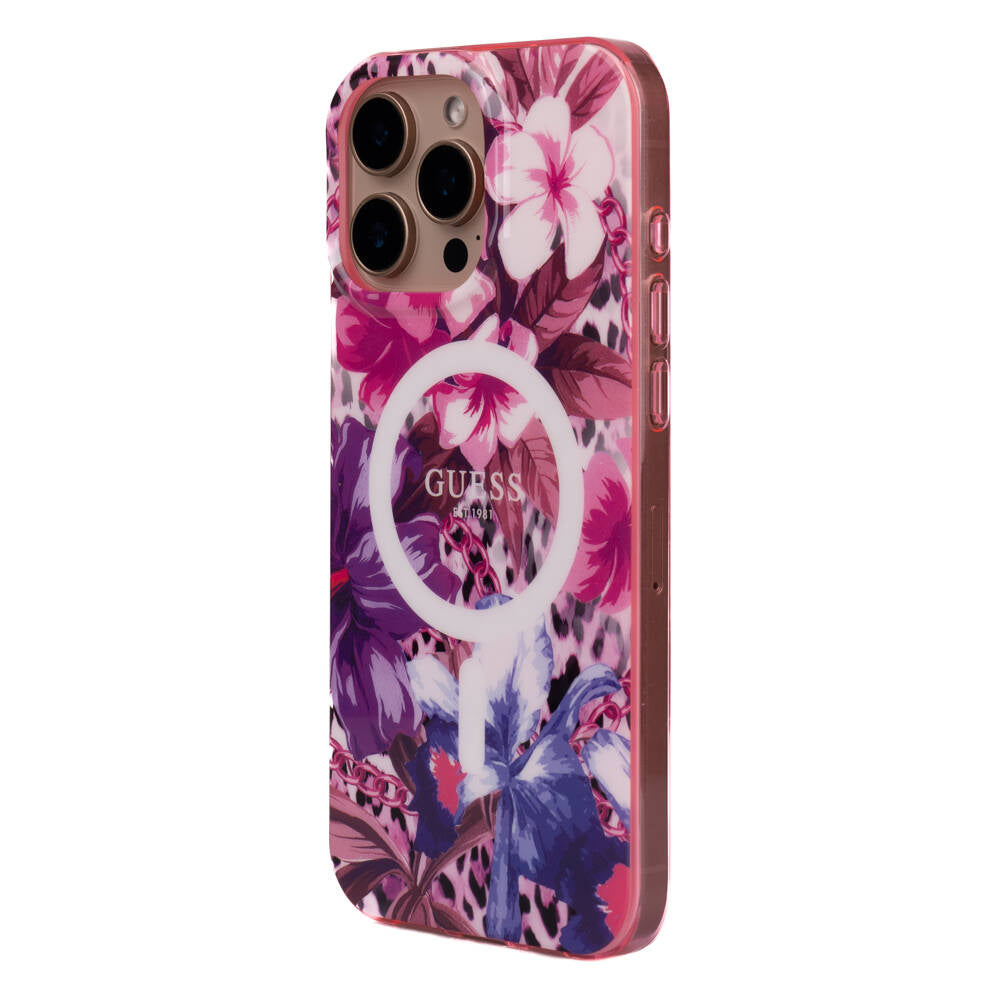 Apple iPhone 16 Pro Max Kılıf Guess Orjinal Lisanslı M-safe Şarj Özellikli IML Baskılı Jungle Ring Kapak Mor