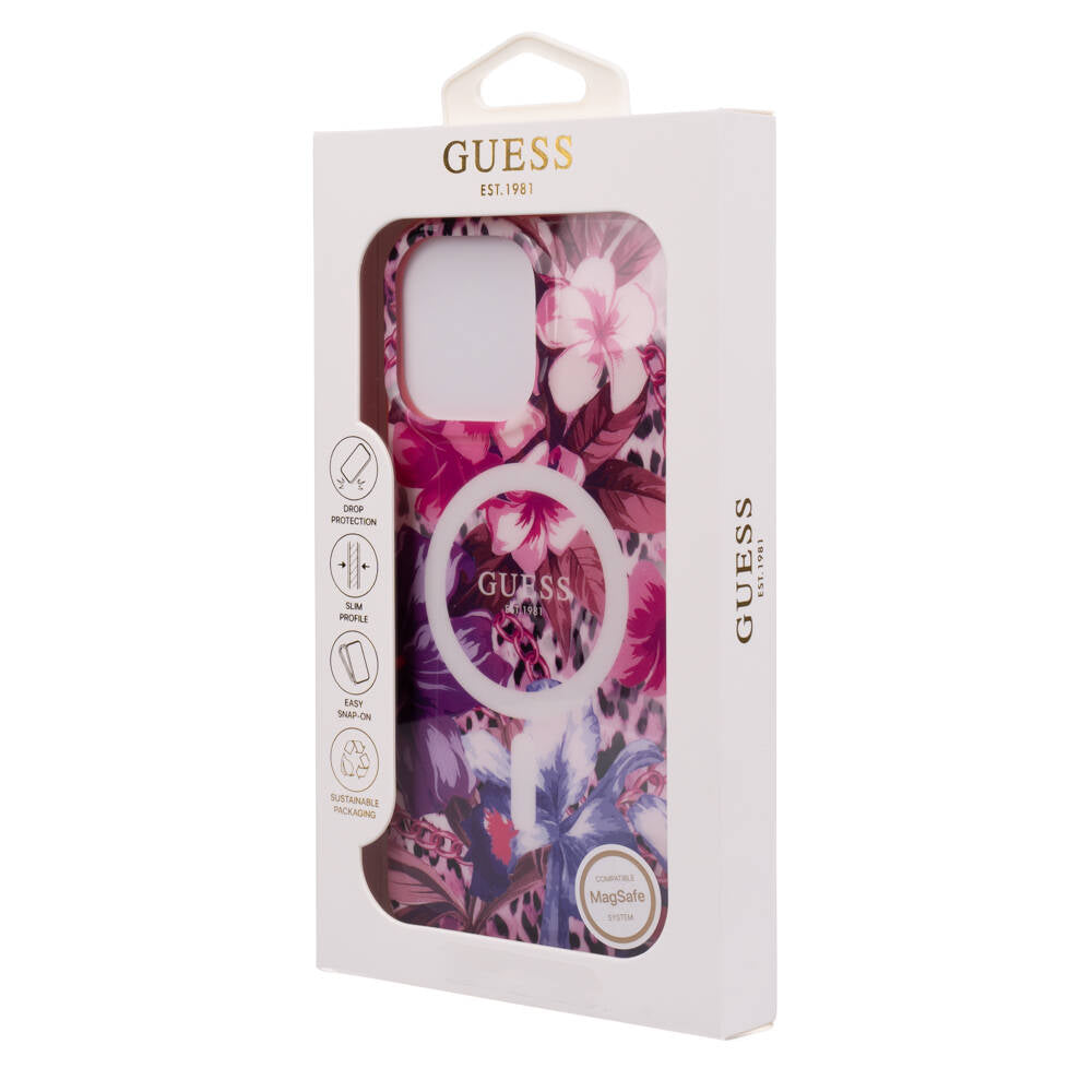 Apple iPhone 16 Pro Max Kılıf Guess Orjinal Lisanslı M-safe Şarj Özellikli IML Baskılı Jungle Ring Kapak Mor