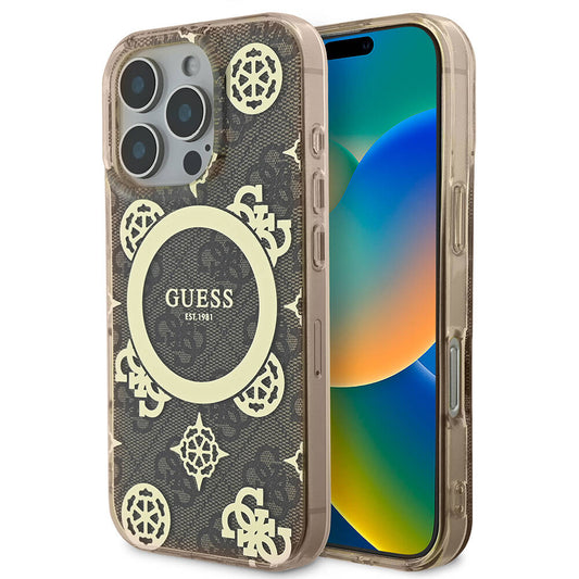 Apple iPhone 16 Pro Max Kılıf Guess Orjinal Lisanslı M-safe Şarj Özellikli IML Peony ve 4G Desenli Klasik Logolu Kapak Siyah