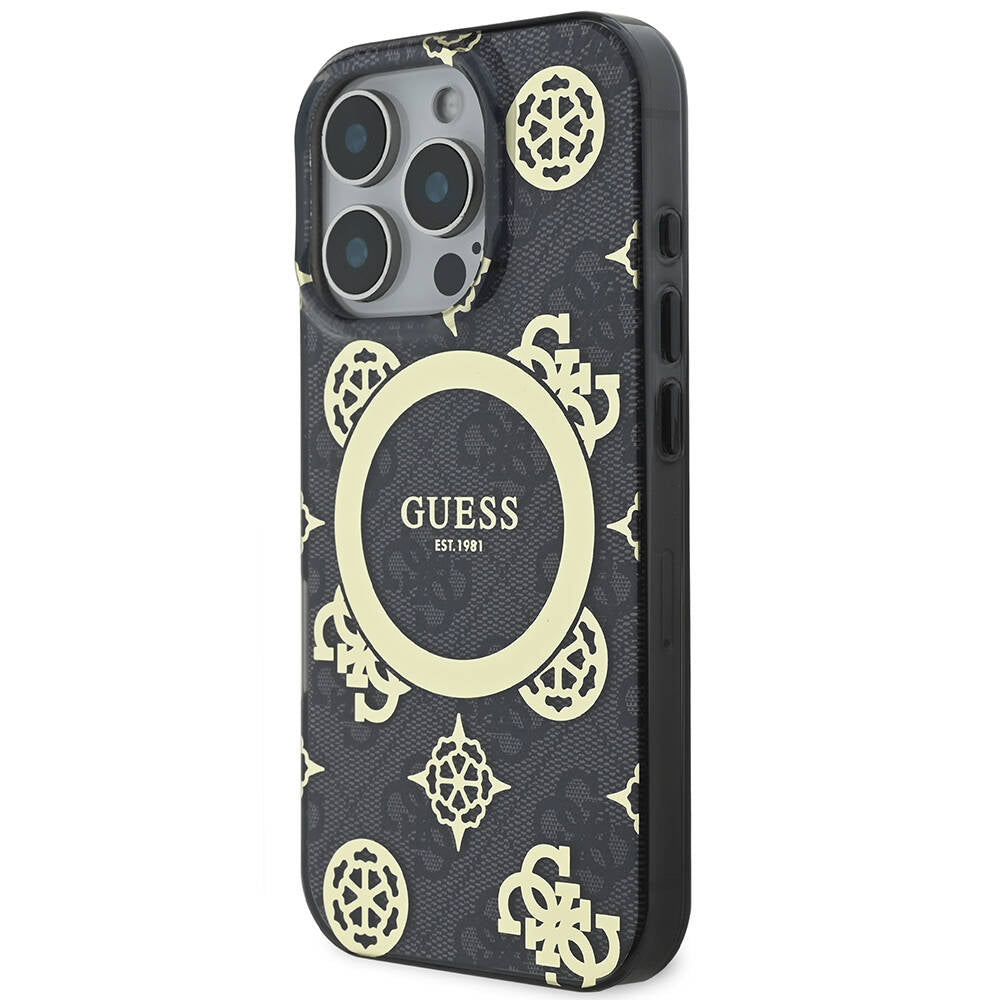 Apple iPhone 16 Pro Max Kılıf Guess Orjinal Lisanslı M-safe Şarj Özellikli IML Peony ve 4G Desenli Klasik Logolu Kapak Pembe