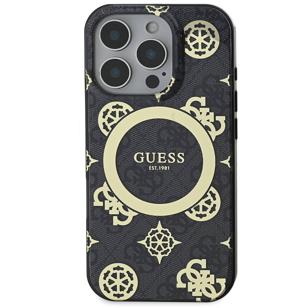 Apple iPhone 16 Pro Max Kılıf Guess Orjinal Lisanslı M-safe Şarj Özellikli IML Peony ve 4G Desenli Klasik Logolu Kapak Pembe