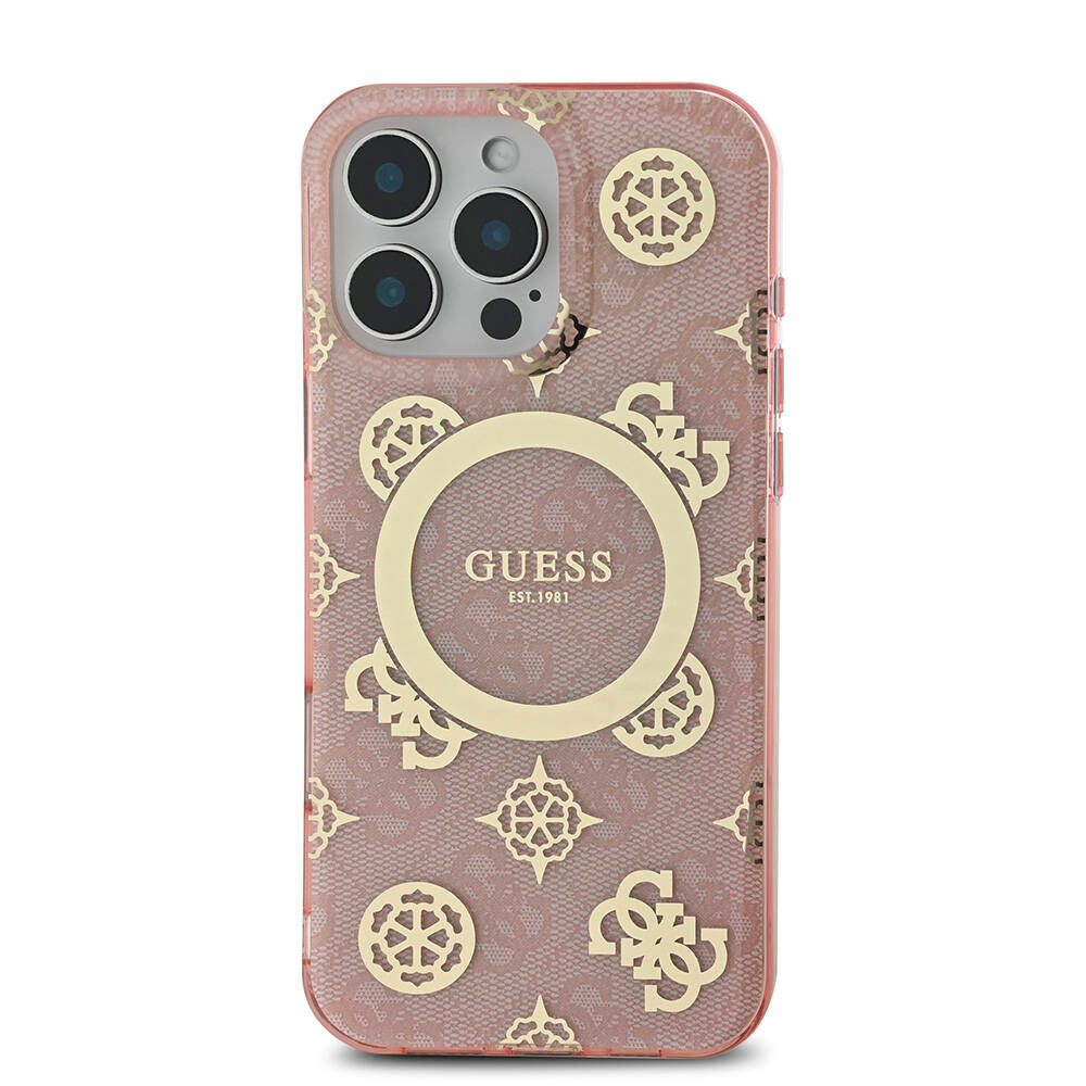 Apple iPhone 16 Pro Max Kılıf Guess Orjinal Lisanslı M-safe Şarj Özellikli IML Peony ve 4G Desenli Klasik Logolu Kapak Siyah