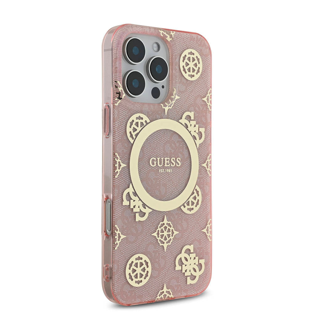 Apple iPhone 16 Pro Max Kılıf Guess Orjinal Lisanslı M-safe Şarj Özellikli IML Peony ve 4G Desenli Klasik Logolu Kapak Pembe