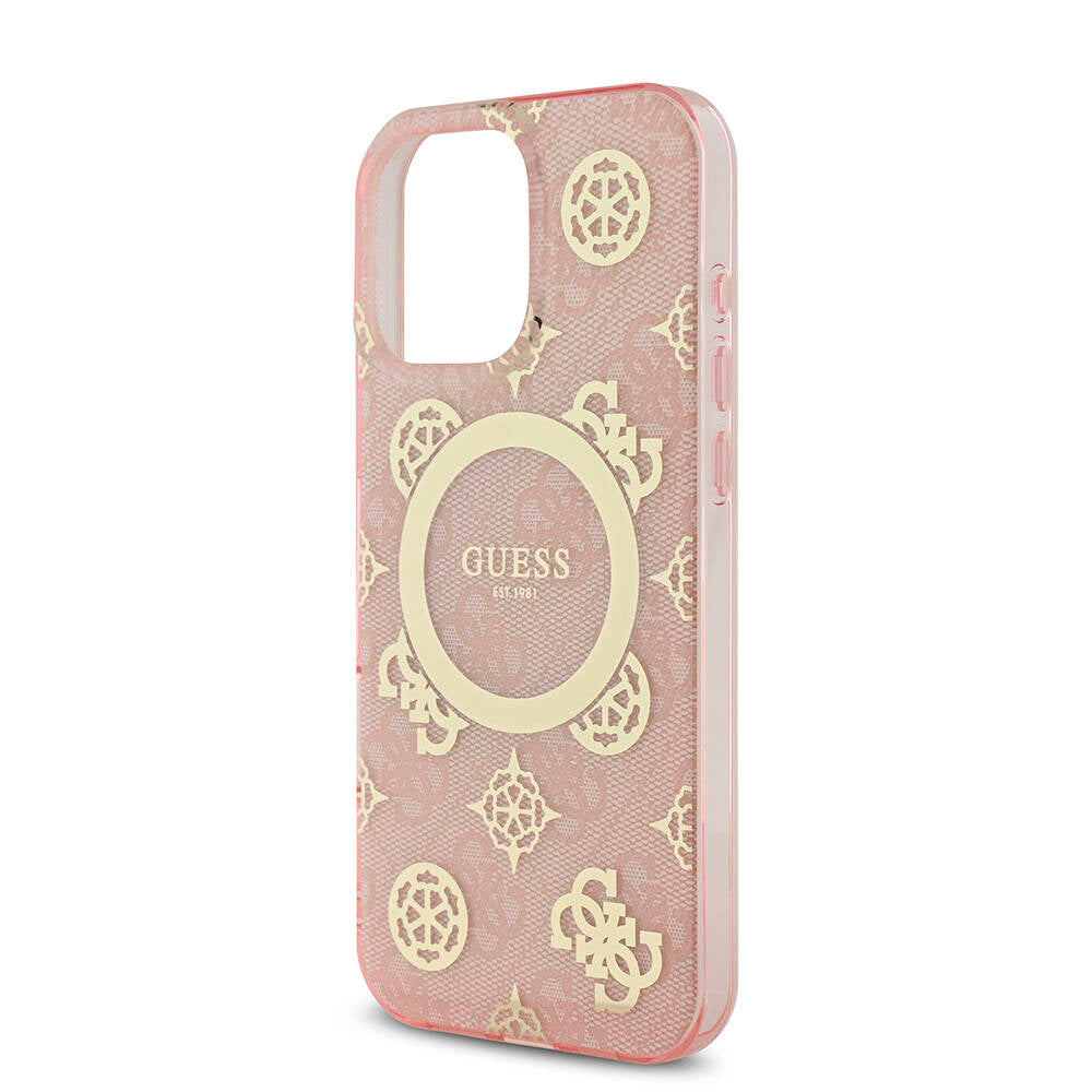 Apple iPhone 16 Pro Max Kılıf Guess Orjinal Lisanslı M-safe Şarj Özellikli IML Peony ve 4G Desenli Klasik Logolu Kapak Pembe