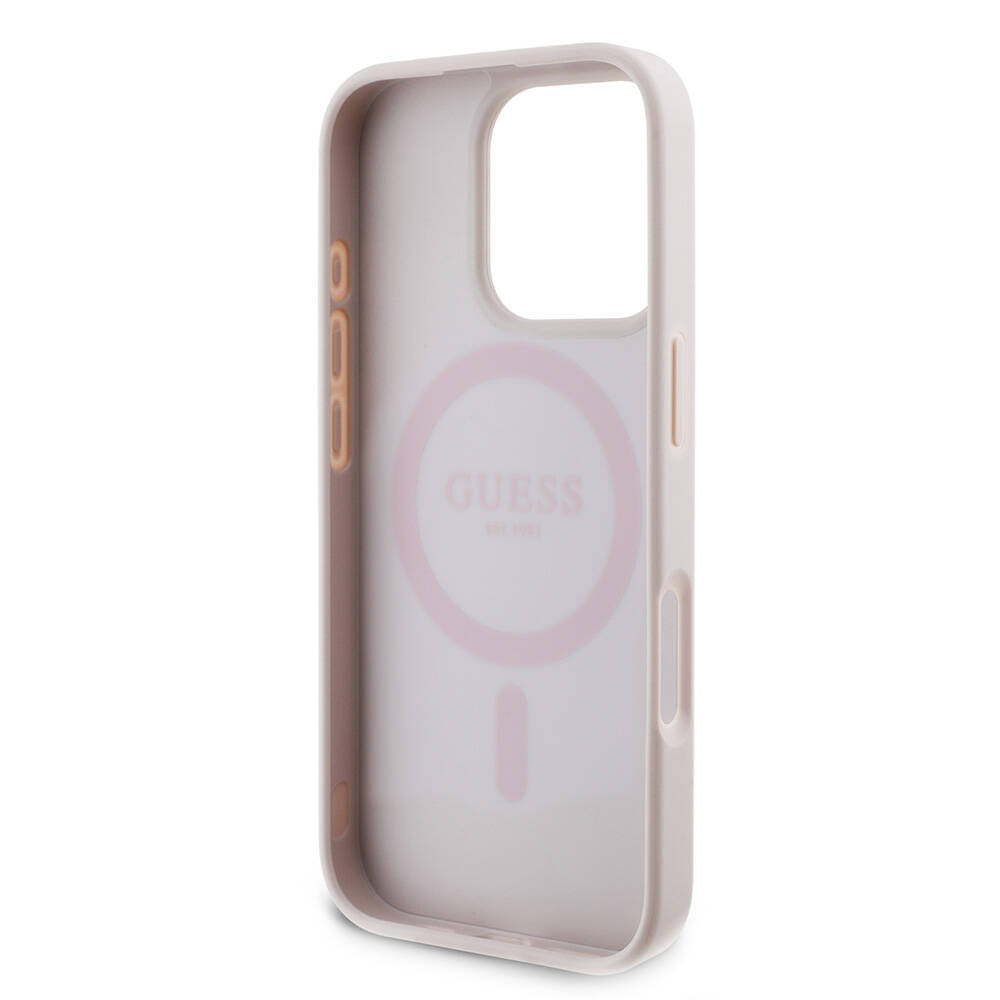 Apple iPhone 16 Pro Max Kılıf Guess Orjinal Lisanslı M-safe Şarj Özellikli PU Deri 4G Desenli Taşlı Üçgen Logolu Kapak Kahverengi