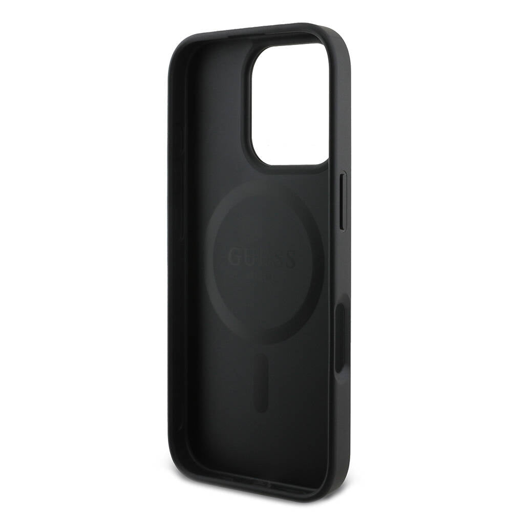 Apple iPhone 16 Pro Max Kılıf Guess Orjinal Lisanslı M-safe Şarj Özellikli PU Deri 4G Desenli Taşlı Üçgen Logolu Kapak Kahverengi
