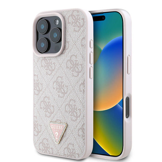 Apple iPhone 16 Pro Max Kılıf Guess Orjinal Lisanslı M-safe Şarj Özellikli PU Deri 4G Desenli Taşlı Üçgen Logolu Kapak Pembe
