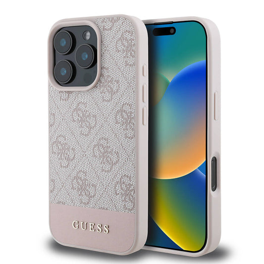 Apple iPhone 16 Pro Max Kılıf Guess Orjinal Lisanslı M-safe Şarj Özellikli PU Deri Şerit Logo Dizaynlı Kapak Siyah