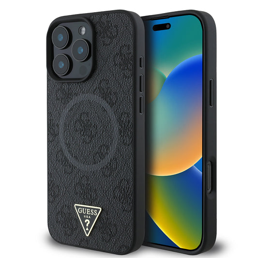 Apple iPhone 16 Pro Max Kılıf Guess Orjinal Lisanslı M-safe Şarj Özellikli PU Üçgen Logo 4G Desenli Kapak Pembe