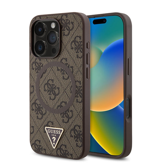 Apple iPhone 16 Pro Max Kılıf Guess Orjinal Lisanslı M-safe Şarj Özellikli PU Üçgen Logo 4G Desenli Kapak Kahverengi