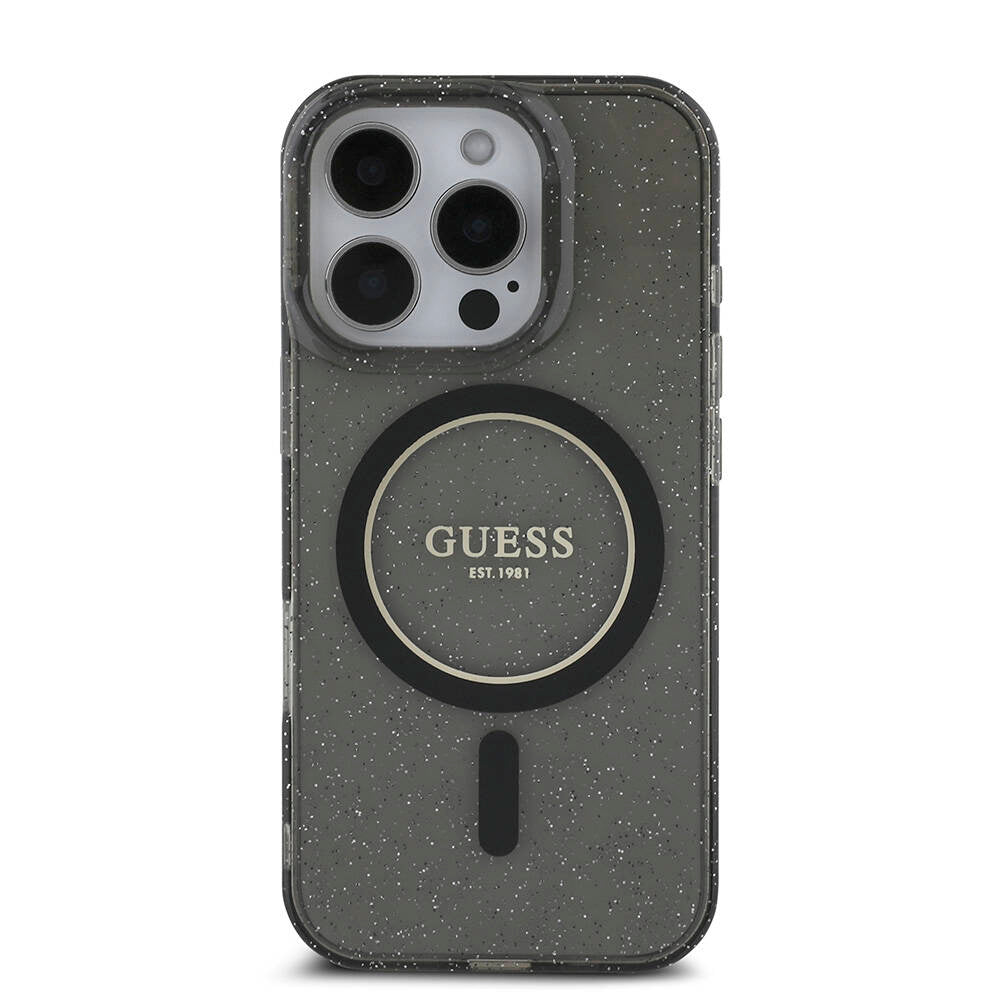 Apple iPhone 16 Pro Max Kılıf Guess Orjinal Lisanslı M-safe Şarj Özellikli Simli Silikon İnci Bileklikli Kapak Siyah