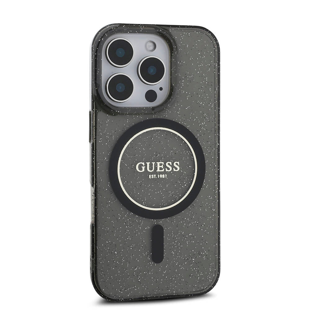 Apple iPhone 16 Pro Max Kılıf Guess Orjinal Lisanslı M-safe Şarj Özellikli Simli Silikon İnci Bileklikli Kapak Siyah