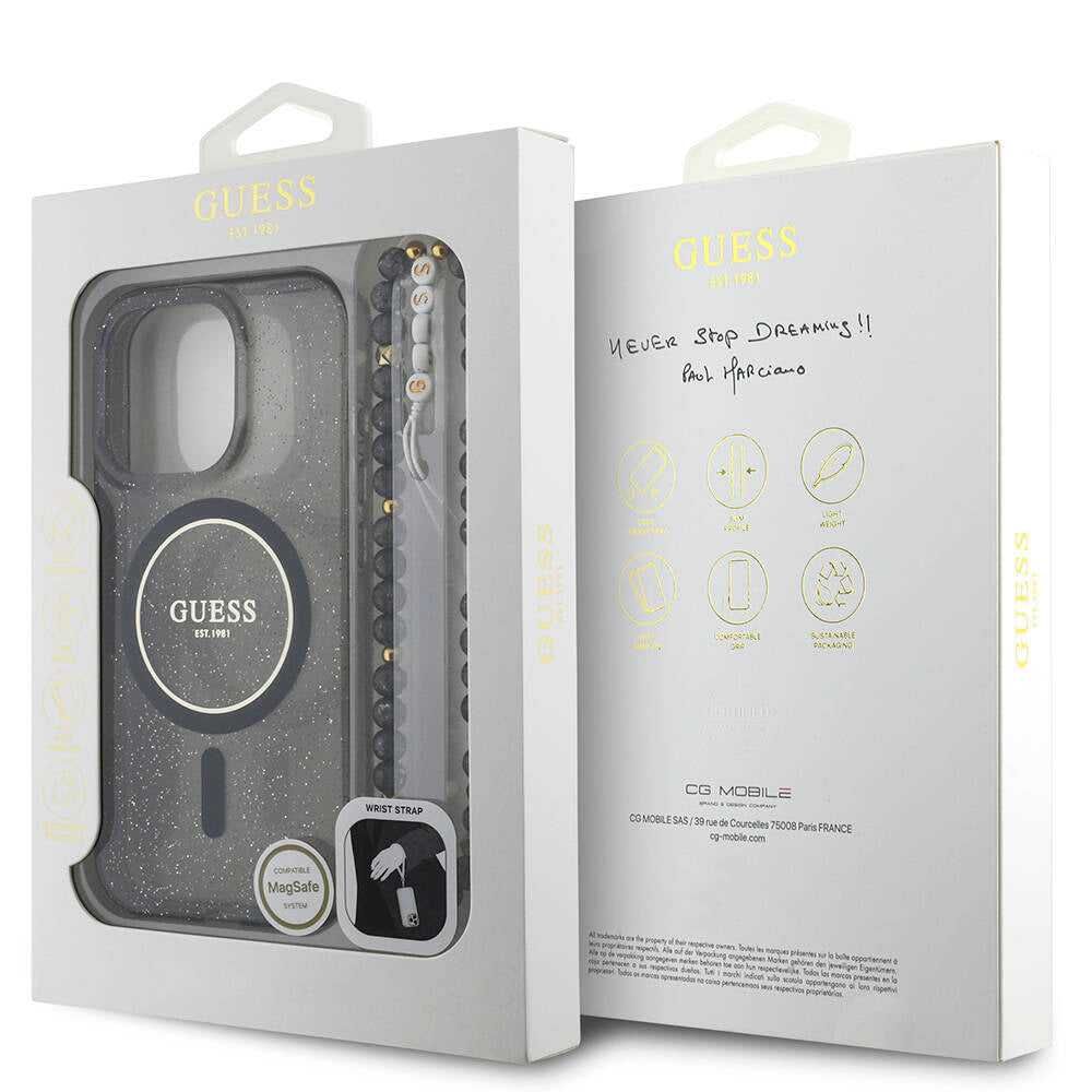 Apple iPhone 16 Pro Max Kılıf Guess Orjinal Lisanslı M-safe Şarj Özellikli Simli Silikon İnci Bileklikli Kapak Pembe