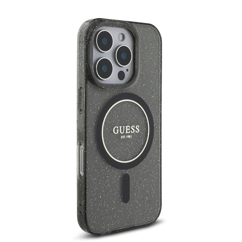 Apple iPhone 16 Pro Max Kılıf Guess Orjinal Lisanslı M-safe Şarj Özellikli Simli Silikon İnci Bileklikli Kapak Siyah