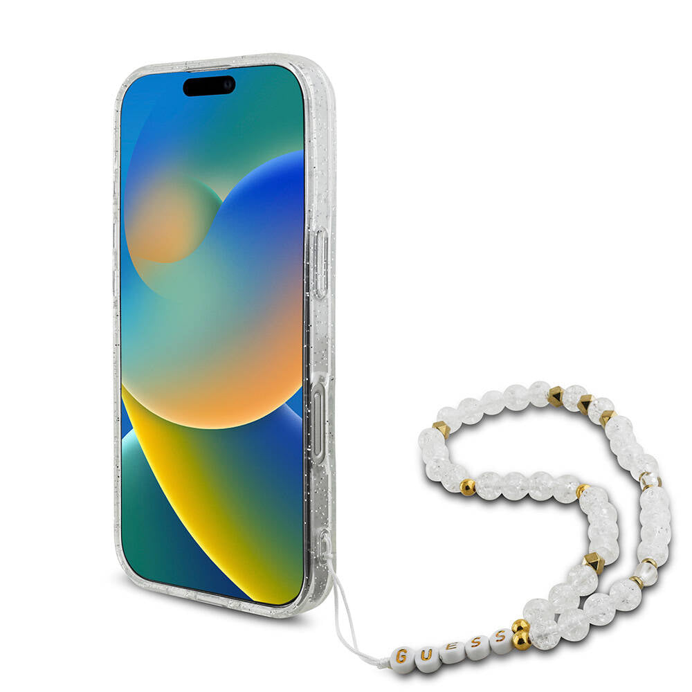 Apple iPhone 16 Pro Max Kılıf Guess Orjinal Lisanslı M-safe Şarj Özellikli Simli Silikon İnci Bileklikli Kapak Şeffaf