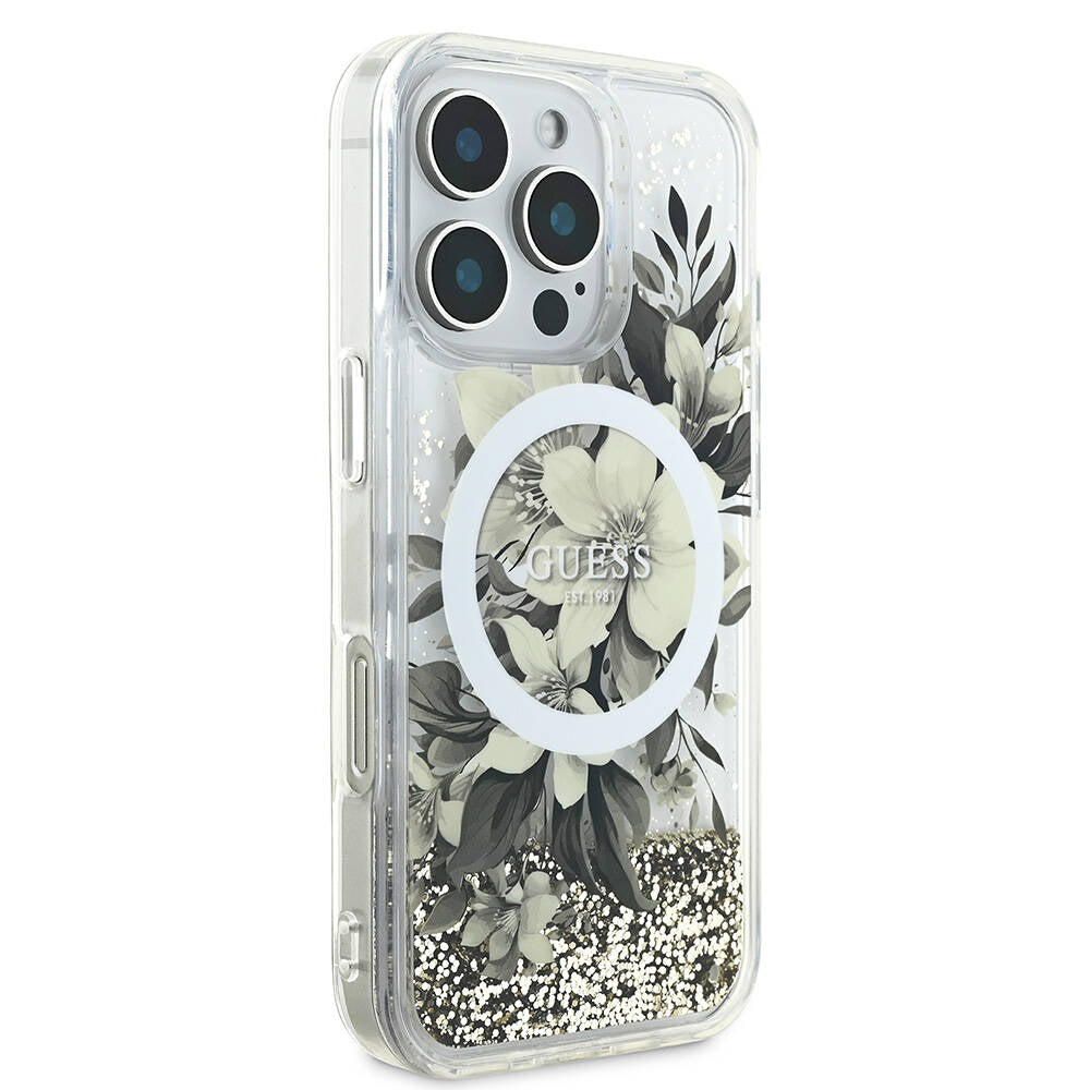 Apple iPhone 16 Pro Max Kılıf Guess Orjinal Lisanslı M-safe Şarj Özellikli Sıvılı Simli Çiçek Desenli Kapak Pembe