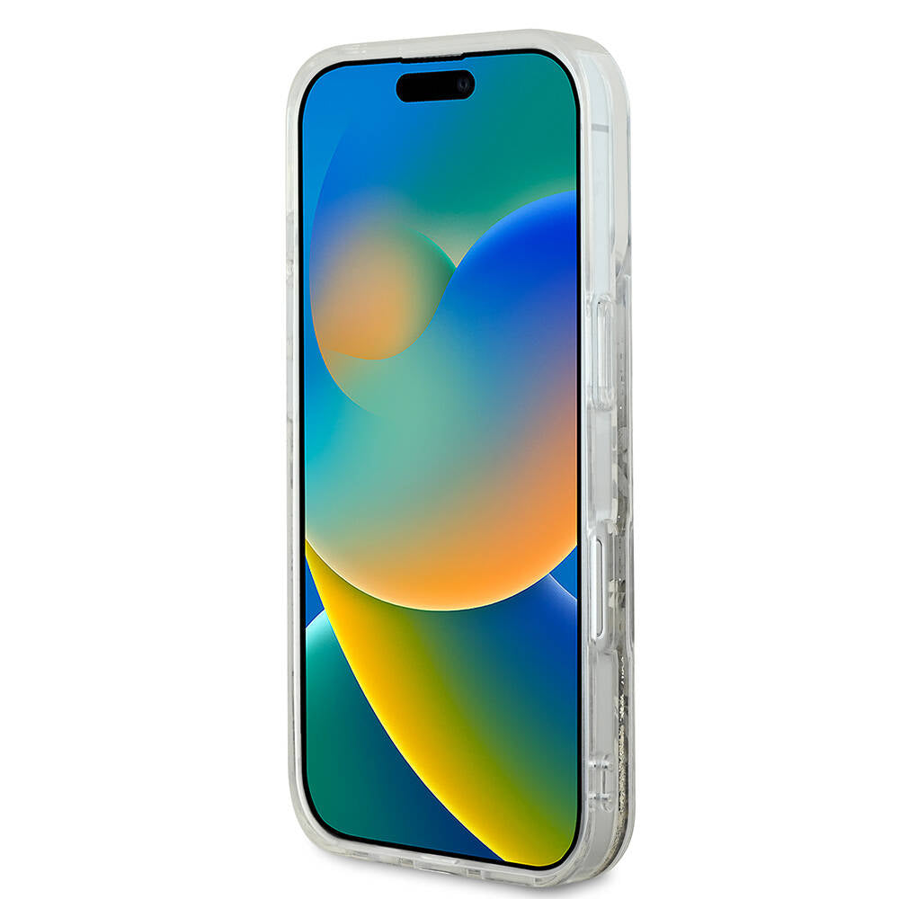Apple iPhone 16 Pro Max Kılıf Guess Orjinal Lisanslı M-safe Şarj Özellikli Sıvılı Simli Çiçek Desenli Kapak Pembe