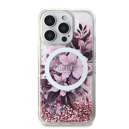 Apple iPhone 16 Pro Max Kılıf Guess Orjinal Lisanslı M-safe Şarj Özellikli Sıvılı Simli Çiçek Desenli Kapak Pembe