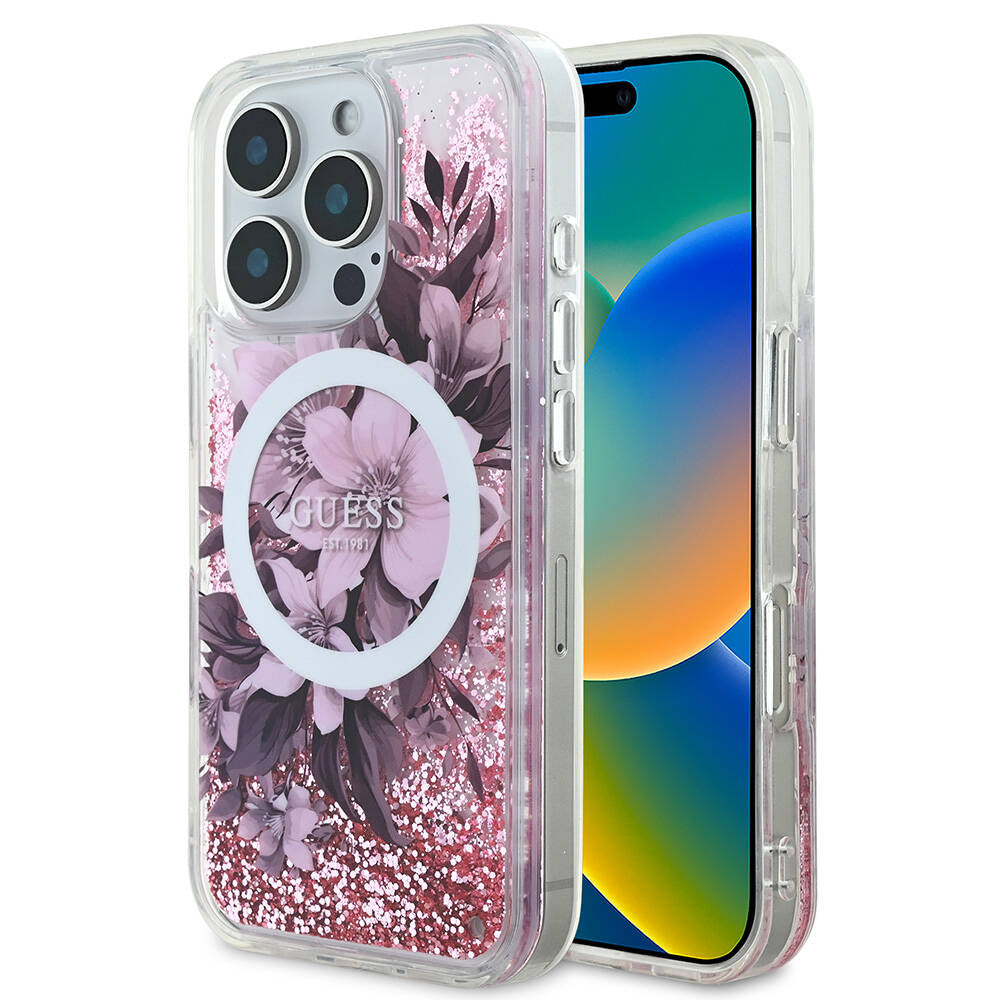 Apple iPhone 16 Pro Max Kılıf Guess Orjinal Lisanslı M-safe Şarj Özellikli Sıvılı Simli Çiçek Desenli Kapak Mor